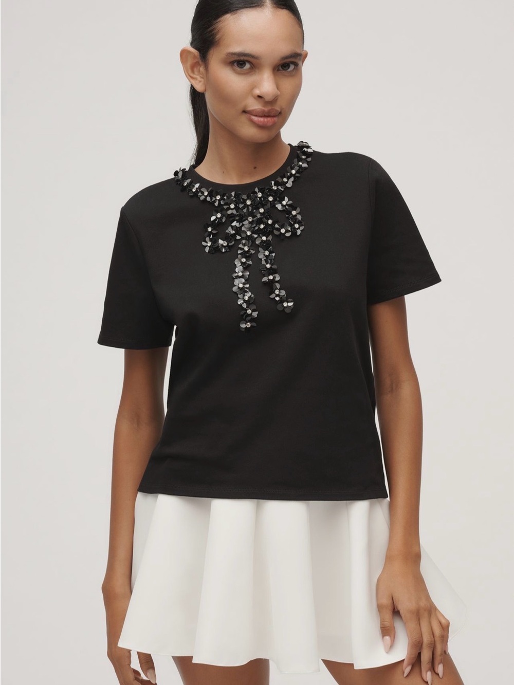 English Factory Black Short Sleeve Tee with Beaded Neck